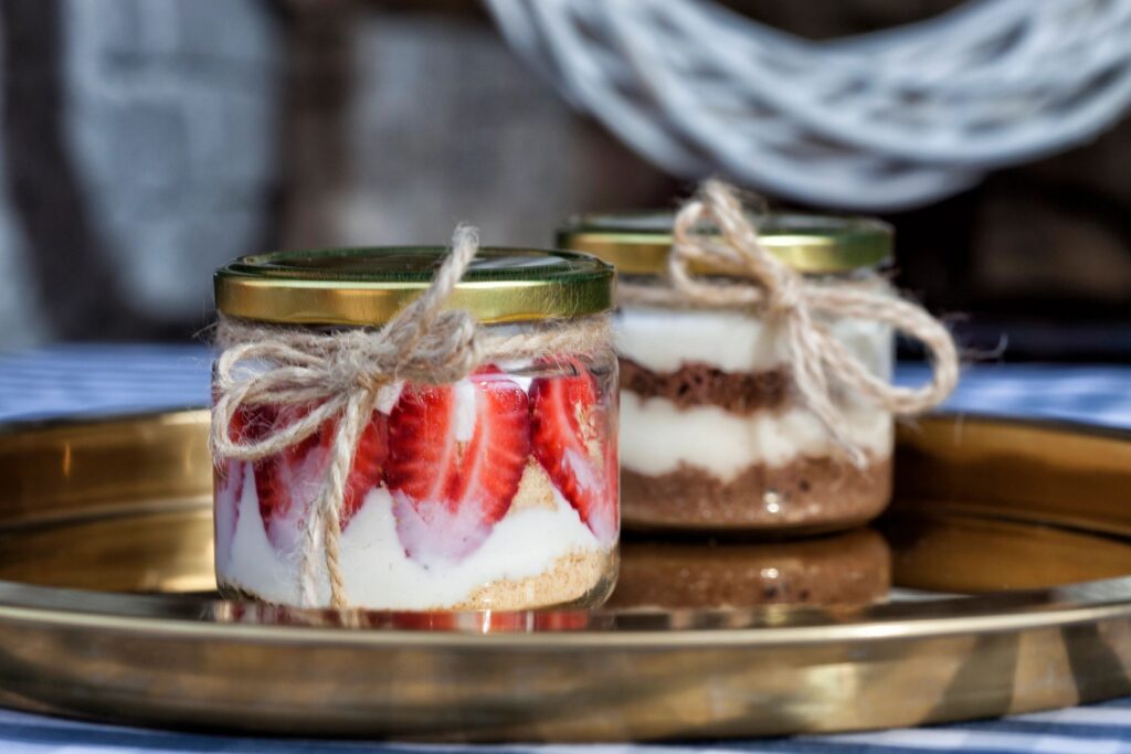 strawberry, biscuit dessert in jar